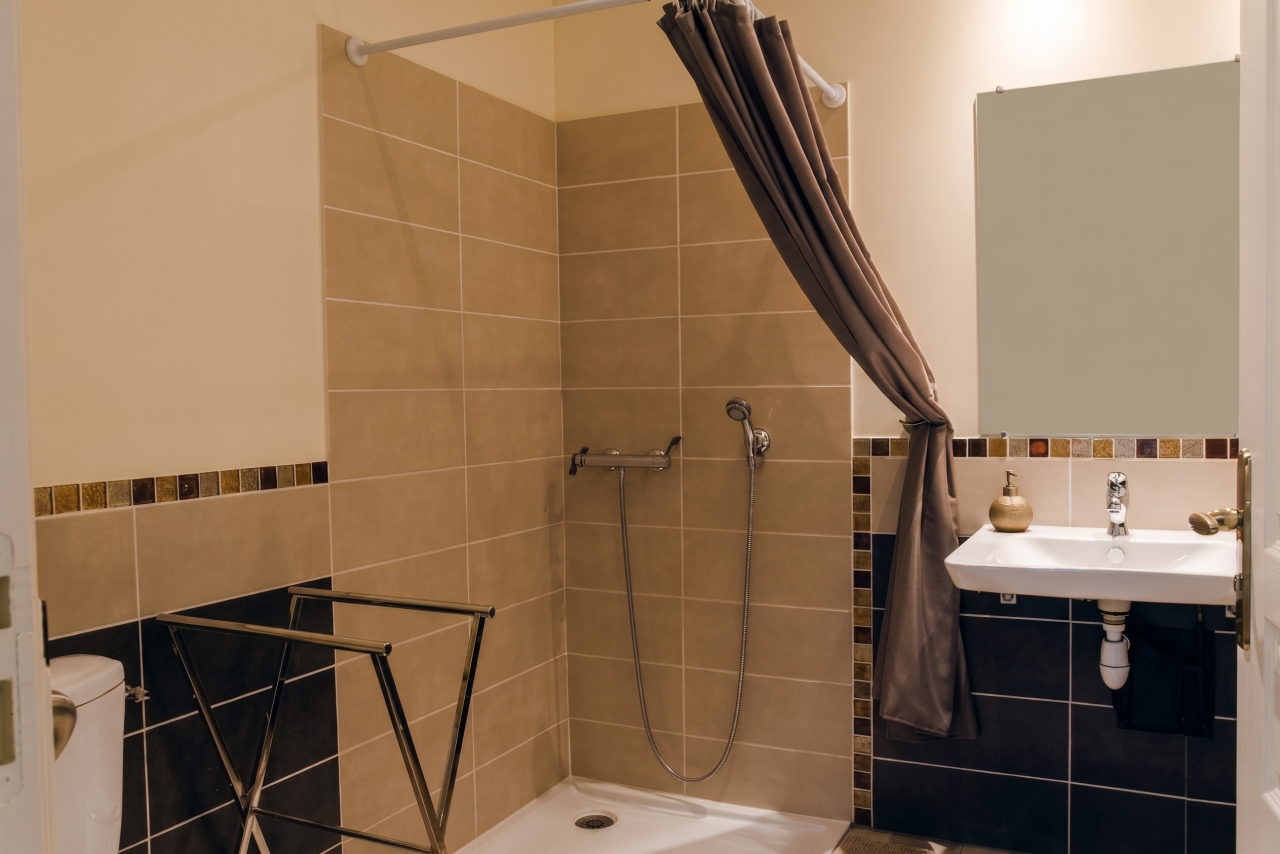 Salle d’eau adaptée PMR avec WC rehaussé, chambre Léonard de Vinci